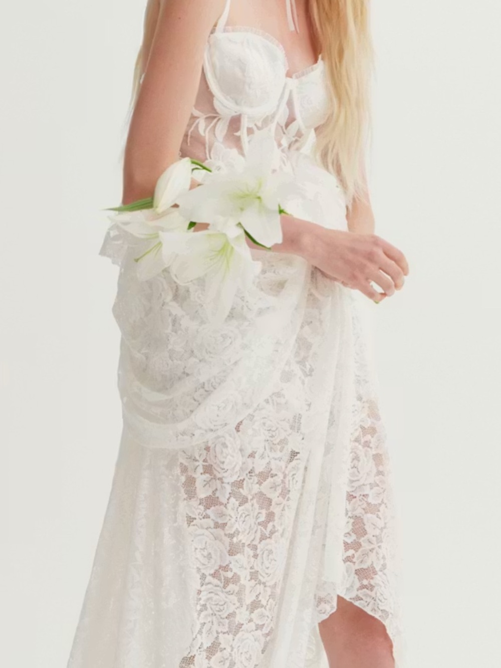 For Love & Lemons Alora White Lace Sheer Bridal Maxi Dress Gown